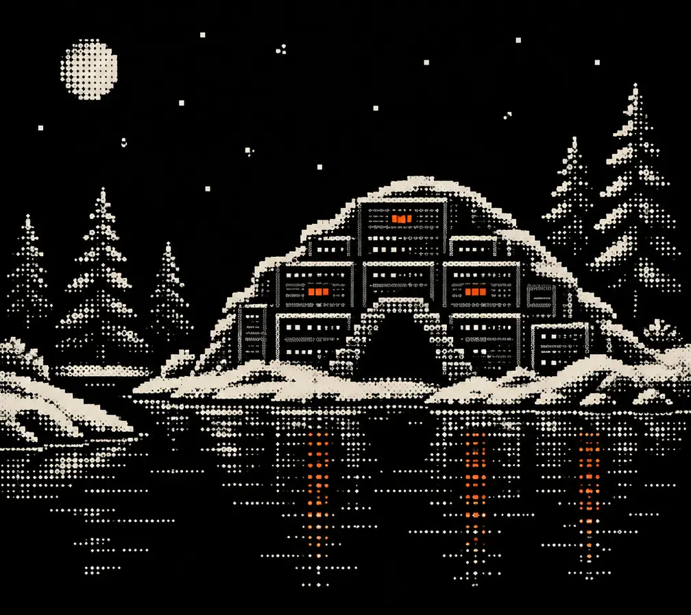 A halftone beaver lodge of server racks on a snowy river bank