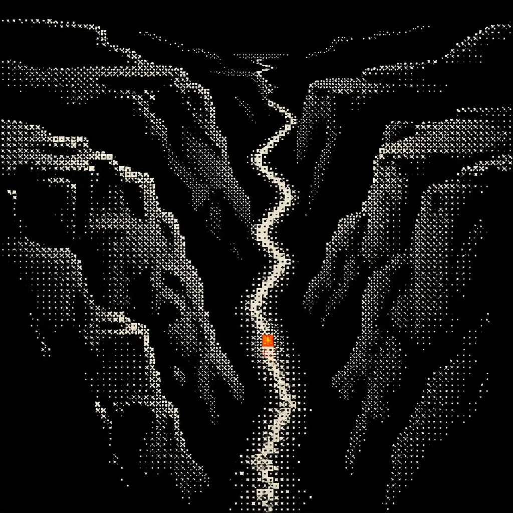A halftone canyon with one orange light on the river