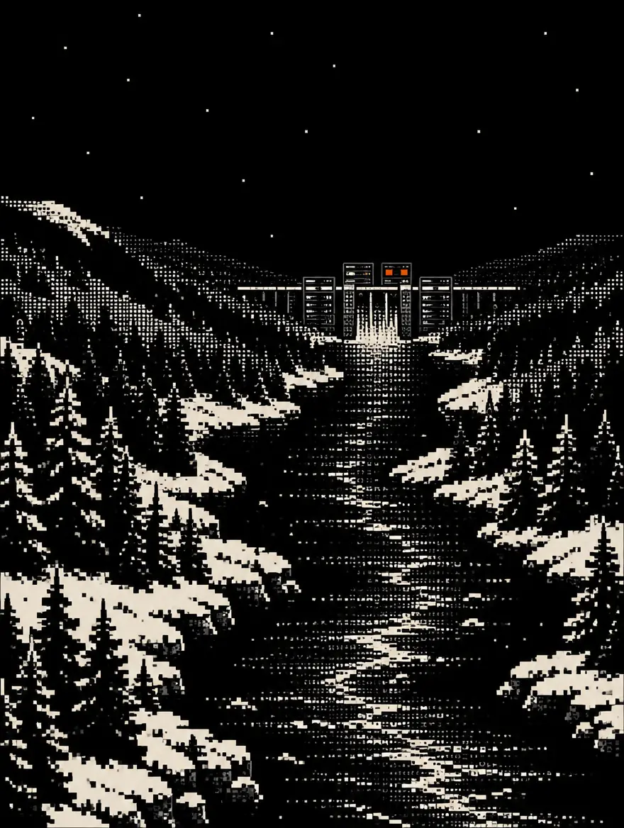 A halftone valley at night with a wall of server blocks across the water